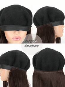 16-Inch Synthetic Straight Short Bob Wig, Classic French Fashion Beret Hat With Wig, Women Winter Warm Hat Wig, Christmas Gift - Dark Brown - View 5