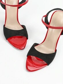 Women Pointy Toe High Heel Sandals, Patent & Suede Colorblock, Elegant Party Pumps In Black Red