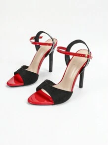 Women Pointy Toe High Heel Sandals, Patent & Suede Colorblock, Elegant Party Pumps In Black Red