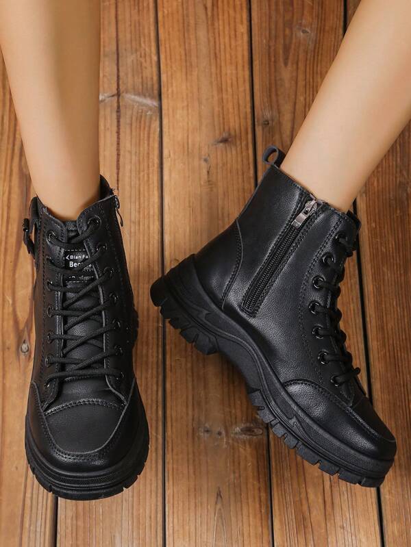 New Autumn/Winter Women's Lace-Up Zipper Closure Boots, Thick Sole Waterproof Anti-Slip Round Toe Boots To Match Overcoat, Leather Jackets, Cargo Skirts/Pants, Etc.