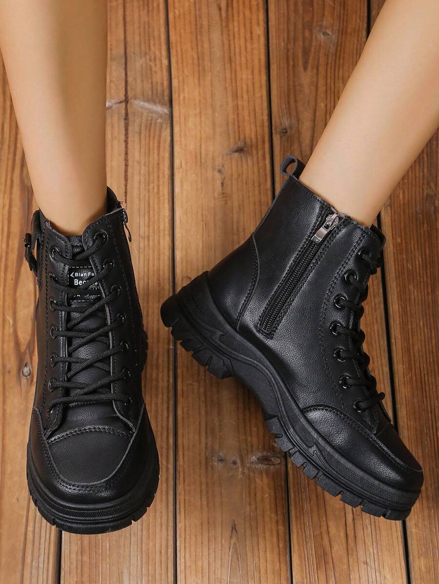 Nowe jesienno-zimowe damskie buty sznurowane, zapinane na zamek błyskawiczny, grube, wodoodporne, antypoślizgowe, z okrągłym noskiem, pasujące do płaszczy, skórzanych kurtek, spódnic/spodni cargo itp.