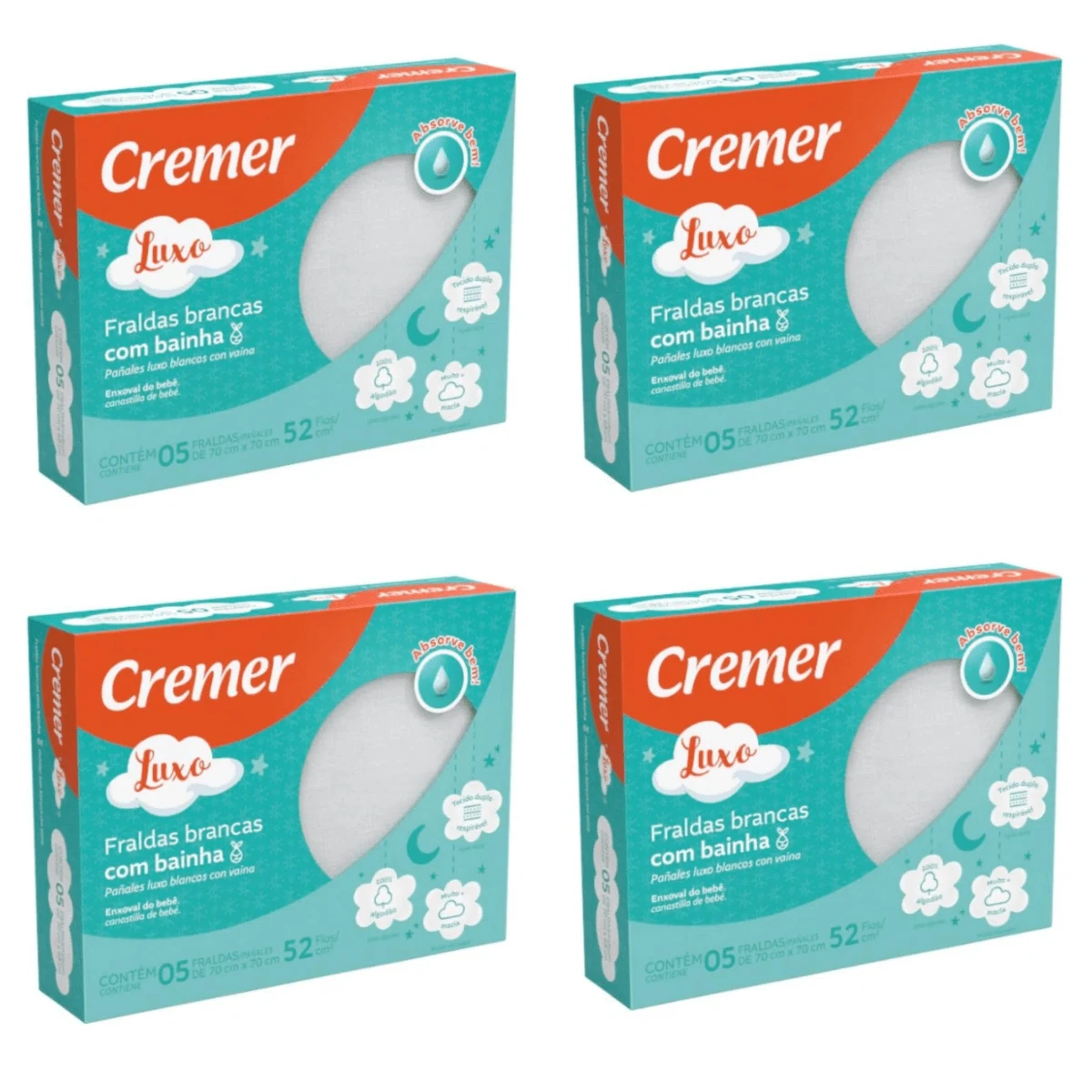 Kit 4 Boxes Of Cremer Luxury Cloth Diapers With White Hem (Each Box Contains 5 Pieces) - Cremer Quality - High Absorption - 100% Cotton - 70cm X 68cm - 白色 - 查看 1