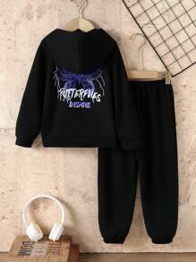 2pcs Young Girls Casual Solid Color Simple Butterfly Letter Print Long Sleeve Hooded Sweatshirt + Letter Print Jogger Pants Set, Autumn Winter