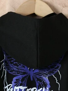 2pcs Young Girls Casual Solid Color Simple Butterfly Letter Print Long Sleeve Hooded Sweatshirt + Letter Print Jogger Pants Set, Autumn Winter