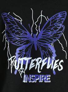 2pcs Young Girls Casual Solid Color Simple Butterfly Letter Print Long Sleeve Hooded Sweatshirt + Letter Print Jogger Pants Set, Autumn Winter