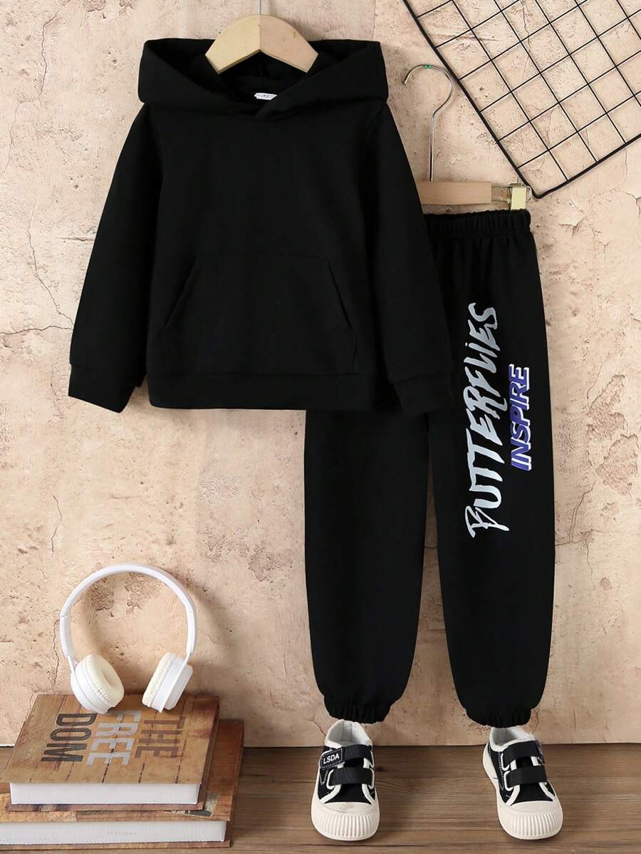 2pcs Young Girls Casual Solid Color Simple Butterfly Letter Print Long Sleeve Hooded Sweatshirt + Letter Print Jogger Pants Set, Autumn Winter