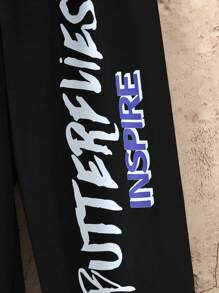 2pcs Young Girls Casual Solid Color Simple Butterfly Letter Print Long Sleeve Hooded Sweatshirt + Letter Print Jogger Pants Set, Autumn Winter