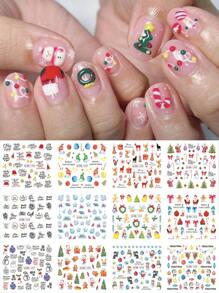 12片可爱圣诞美甲贴纸，圣诞老人、麋鹿、企鹅、熊、姜饼人、猫咪卡通动物设计雪花图案，水贴纸装饰贴片 - 彩色 - 查看 2