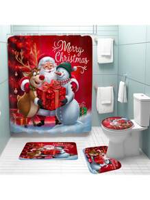 1pc/4pcs Christmas Santa Claus, Reindeer, Snowman, Christmas Tree Print Shower Curtain Set, Waterproof Shower Curtain With 12 Hooks, Bath Mat, Toilet U-Shaped Mat, Toilet Seat Cover, Bathroom Divider, Bathroom Accessories, Bathroom Decor Fall Decor Back To School