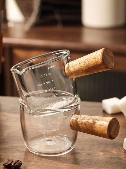 1pc 75ml Side Wood Handle High Borosilicate Glass Single Spout Creamer, Transparent Glass Coffee Cup With Measurement, Mini Milk Pitcher, Glass Measuring Cup Back To School