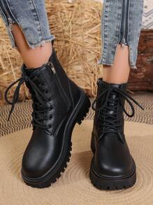 1 Pair Women's Lace-Up Front Zipper Side Mid-Calf Snow Boots, Black, Versatile, Platform 3cm Thick Sole, Waterproof
