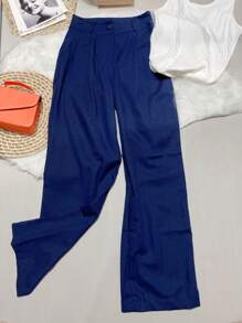 Women's Linen High Waisted Palazzo Pants With Buttons And Zipper And Two Open Pockets At The Back, New Fashion - 新海軍藍 - 查看 3