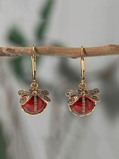 1pair Vintage Dragonfly Green Crystal Pendant Earrings, Boho Style Women's Jewelry Party Wear