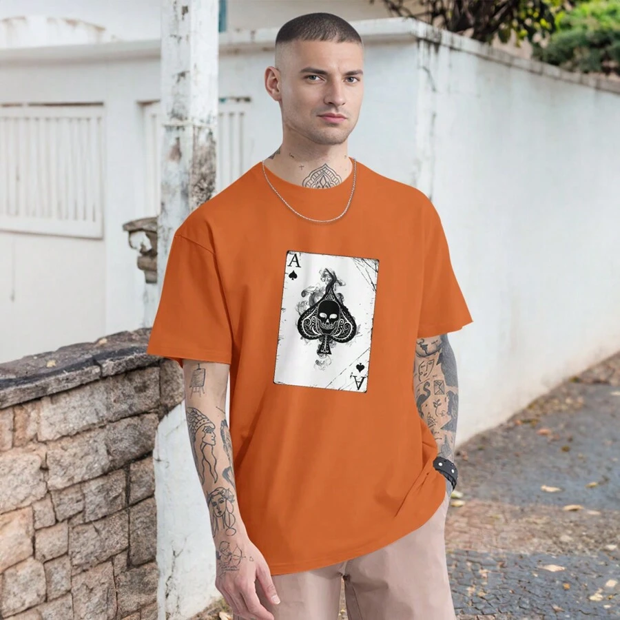 Oversized Playing Card Graphic T-Shirt HD Print Casual T Shirt Streetwear 100% Cotton - 橘色 - 查看 1