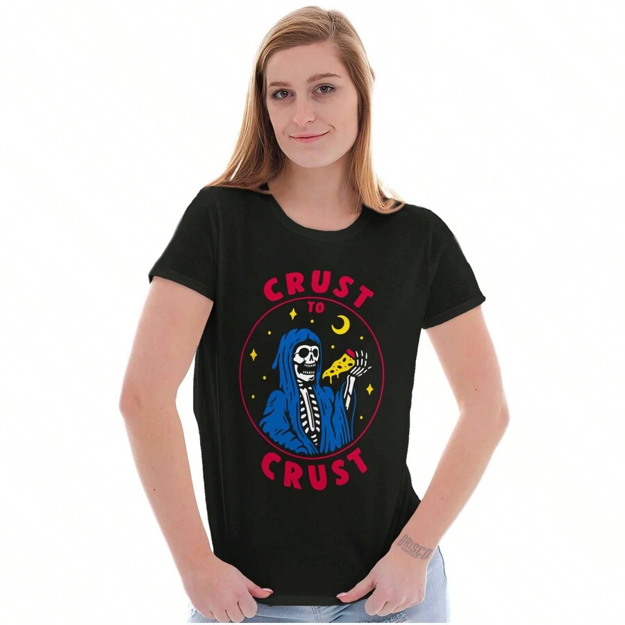 BRISCO BRANDS Pizza Womens Fitted Graphic Tee Shirt Funny Skeleton Pizza Lover Crust To Crust Sarcastic Food Humor Ladies Casual Slim Fit Fashion Cotton Printed Short Sleeve Crewneck Tshirt - 黑色 - 查看 1