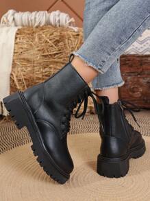 1 Pair Women's Lace-Up Front Zipper Side Mid-Calf Snow Boots, Black, Versatile, Platform 3cm Thick Sole, Waterproof
