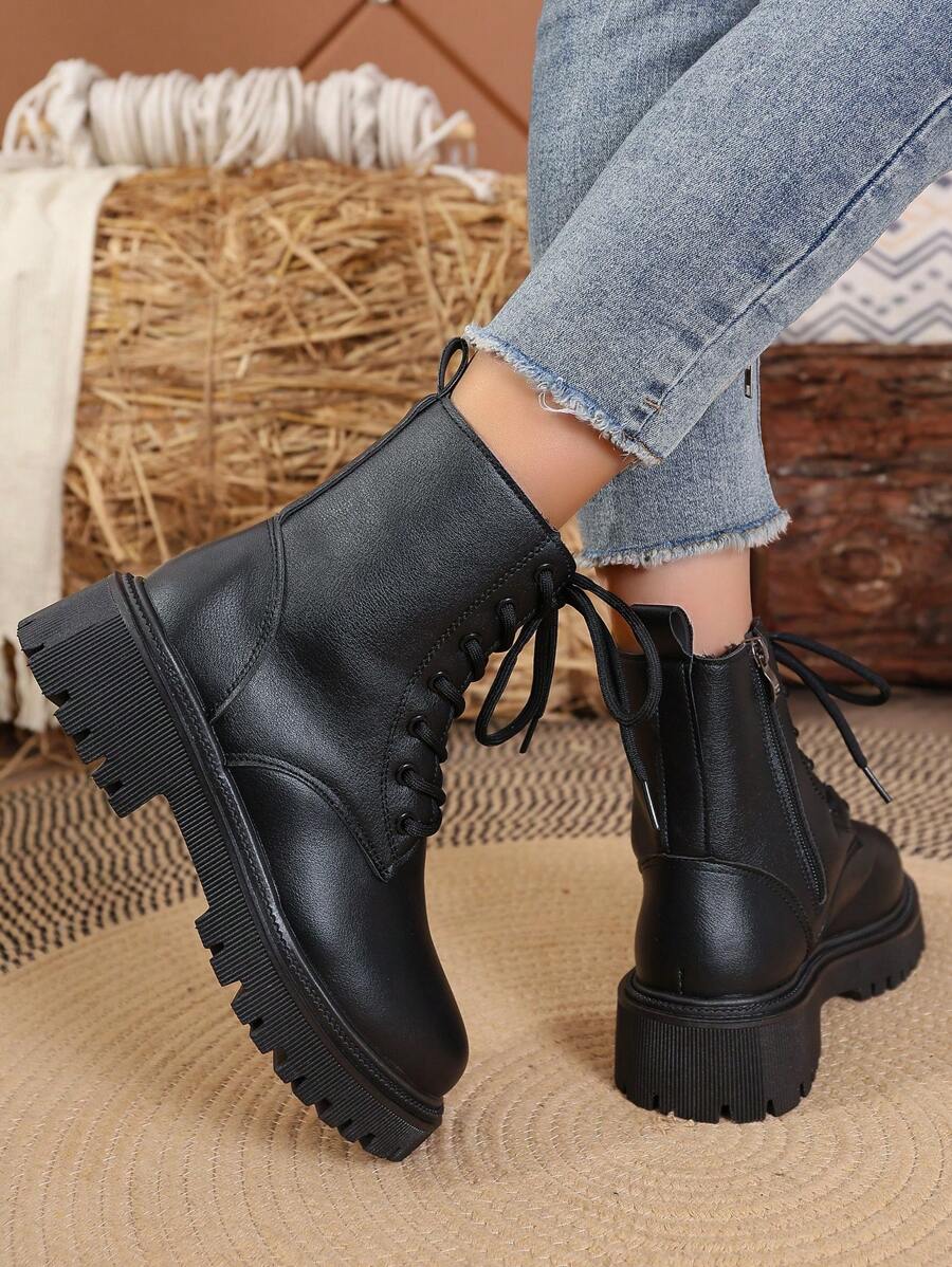 1 Pair Women's Lace-Up Front Zipper Side Mid-Calf Snow Boots, Black, Versatile, Platform 3cm Thick Sole, Waterproof