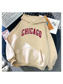 Chicago American City Kangaroo Sweatshirt Custom Flannel Cotton Hoodie With Pocket Various Colors - 淺藍色 - 查看 7