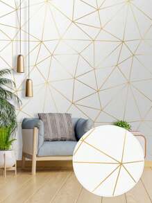 Rolo 3 metros Papel de Parede Auto Adesivo Geométrico Branco e Dourado Lavável Quarto Sala Cozinha Banheiro - Modelo 01 - Visão 2