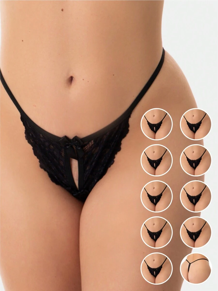 Kit Of 10 Open Thong Panties With Two Bias Stripes, Unlined - màu đen - Xem 1