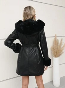 Giacca in ecopelle e pelliccia sintetica da donna con cintura di Giolshon - una scelta ideale per l'autunno/inverno, design alla moda con laccio in vita, adatta per uso casual o per andare al lavoro, elegante in colore nero - nero - Visualizzare 3