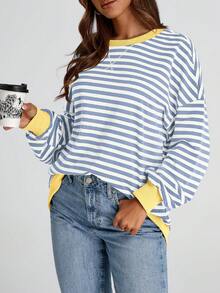 Women Casual Oversized Striped Sweatshirt Crewneck Long Sleeve Y2K Loose Pullover Shirt  Spring Fall Autumn Tops Clothes - Blue + beige - View 5