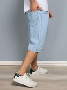 Y.L Men's Bermuda Jeans Balloon Washed (Stain), Wide Leg Very Soft Casual Quality Top - 淺藍色 - 查看 2