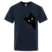 Men's Black Cat Printed T-Shirt 100% Cotton - 藏蓝色 - 查看 7