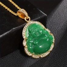 SeuSuk Colar clássico minimalista com pingente de Buda em pedra verde natural com zircônia, presente para homens e mulheres