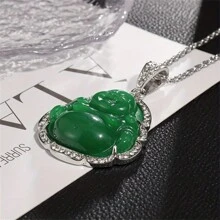 SeuSuk Colar clássico minimalista com pingente de Buda em pedra verde natural com zircônia, presente para homens e mulheres