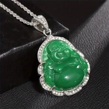 SeuSuk Colar clássico minimalista com pingente de Buda em pedra verde natural com zircônia, presente para homens e mulheres