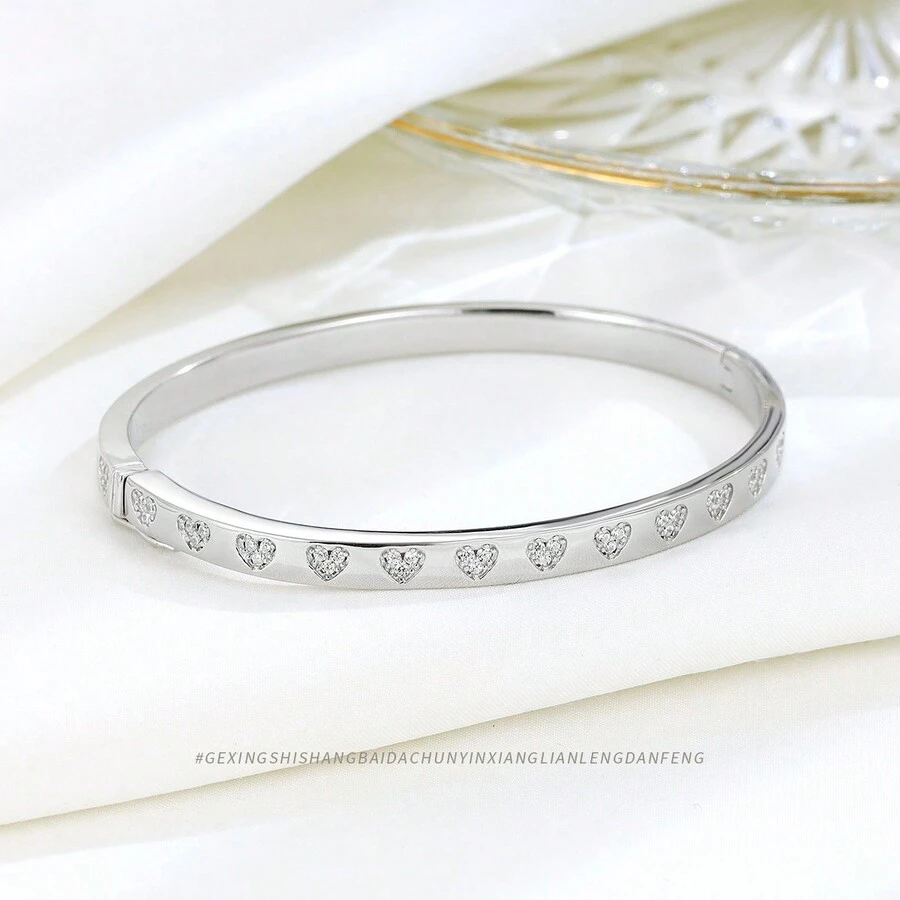 1 chiếc vòng tay hình trái tim bằng bạc Sterling 925 Cubic Zirconia, vòng tay hở hình trái tim thời trang thích hợp cho phụ nữ mặc trong tiệc Valentine - vòng đeo tay - Xem 1