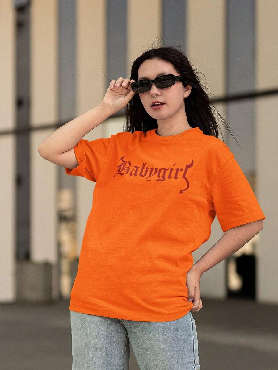Women's Oversized T-Shirt 100% Premium Cotton Babygirl Shirt Streetwear - 橘色 - 查看 1