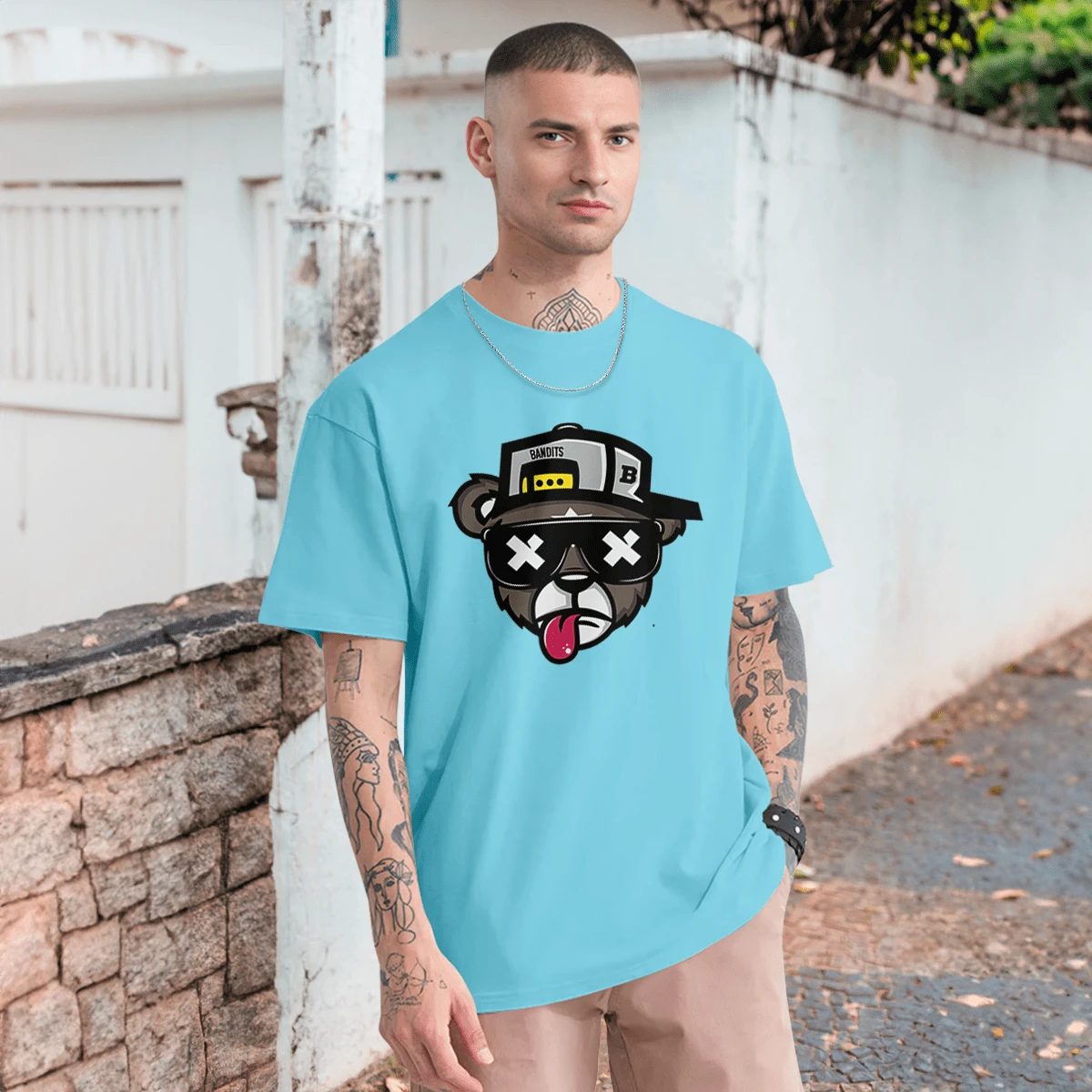 Bear T-Shirt Rapper Boladão Casual Shirt Oversized Bear T Shirt Round Neck 100% Cotton - Màu xanh nhạt - Xem 1
