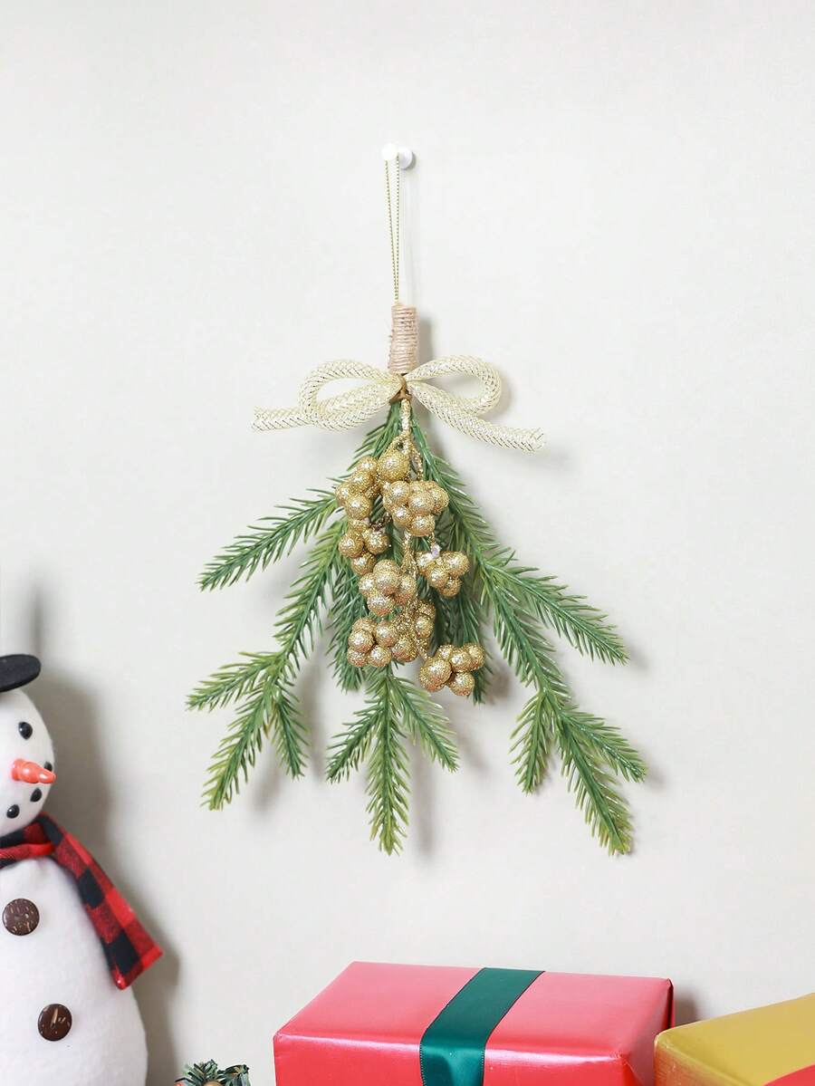 1 件/10 件人造圣诞松针和蝴蝶结装饰，家庭前门、客厅、窗户、办公室墙壁挂饰，圣诞餐厅和活动氛围装饰 - 金綠色 - 查看 1