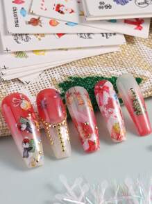 12片可爱圣诞美甲贴纸，圣诞老人、麋鹿、企鹅、熊、姜饼人、猫咪卡通动物设计雪花图案，水贴纸装饰贴片 - 彩色 - 查看 5