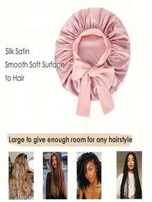 彩色大号缎面头带，时尚缎面睡帽，柔软睡帽，带可调节蝴蝶结，专为女性设计：保护头发，减少摩擦，整晚保持头发整洁，双缎面衬里发帽，适合自然卷发女性睡眠，经典蝴蝶结睡眠帽，轻便浴帽，弹性头带，适用于女士头巾 - 彩色 - 查看 3