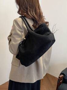 女士纯色绒面革翼包手提包复古休闲大容量手提包带双手柄磁扣和腰带装饰 - 黑色 - 查看 3
