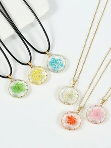 1 chiếc vòng cổ mặt dây chuyền phong cách Bohemian có trang trí hoa khô, dây xích thép không gỉ/PU - Trang sức nhựa cổ điển, phù hợp cho phụ nữ đeo hàng ngày và dự tiệc - dây chuyền thép không gỉ - Xem 1