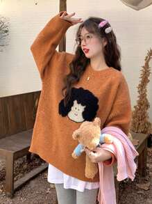 New Niche Cartoon Girl Pattern Orange Round Neck Loose Fit Sweater For Women, Autumn/Winter