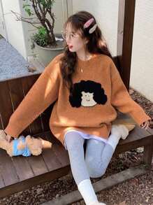 New Niche Cartoon Girl Pattern Orange Round Neck Loose Fit Sweater For Women, Autumn/Winter