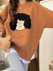 New Niche Cartoon Girl Pattern Orange Round Neck Loose Fit Sweater For Women, Autumn/Winter