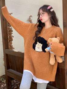 New Niche Cartoon Girl Pattern Orange Round Neck Loose Fit Sweater For Women, Autumn/Winter