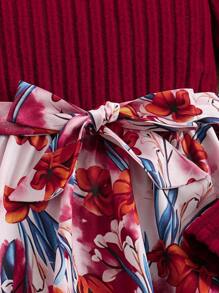 Váy dài tay chắp vá họa tiết hoa cho bé gái tuổi mới lớn, phong cách dễ thương và ngọt ngào, thích hợp mặc hàng ngày, đi chơi, tiệc tùng, mùa xuân/thu/đông - Màu Đỏ Sâu - Xem 6