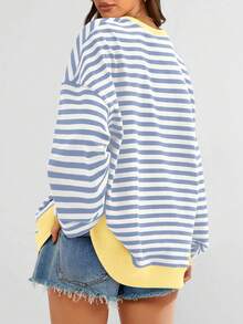 Women Casual Oversized Striped Sweatshirt Crewneck Long Sleeve Y2K Loose Pullover Shirt  Spring Fall Autumn Tops Clothes - Blue + beige - View 2