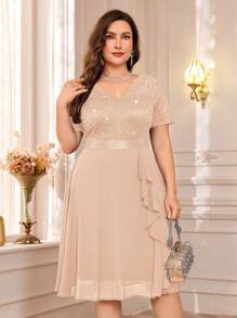 Plus Elegant V-Neck Sequin Lace Contrast Chiffon Ruffle Trim Cocktail Party Swing Dress - Champagne - View 9