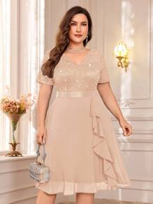 Plus Elegant V-Neck Sequin Lace Contrast Chiffon Ruffle Trim Cocktail Party Swing Dress - Champagne - View 7