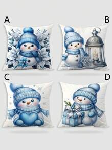 4 Pcs/1 Pc Unique And Creative Cute Blue Snowman In A Festive Christmas Atmosphere, Cute And Responsible. Super Soft Short Plush Pillowcase, Sofa, Bedroom, Living Room, Home Decoration, Backrest Cover - Multicolor - View 8