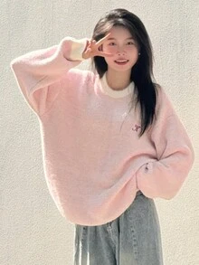 Autumn/Winter Casual Loose Letter Embroidery Drop Shoulder Sweater