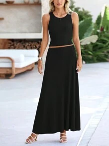 Women's Two-Piece Maxi Dress Set Casual Knit Vest High-Waisted Dress Set - 黑色 - 查看 3